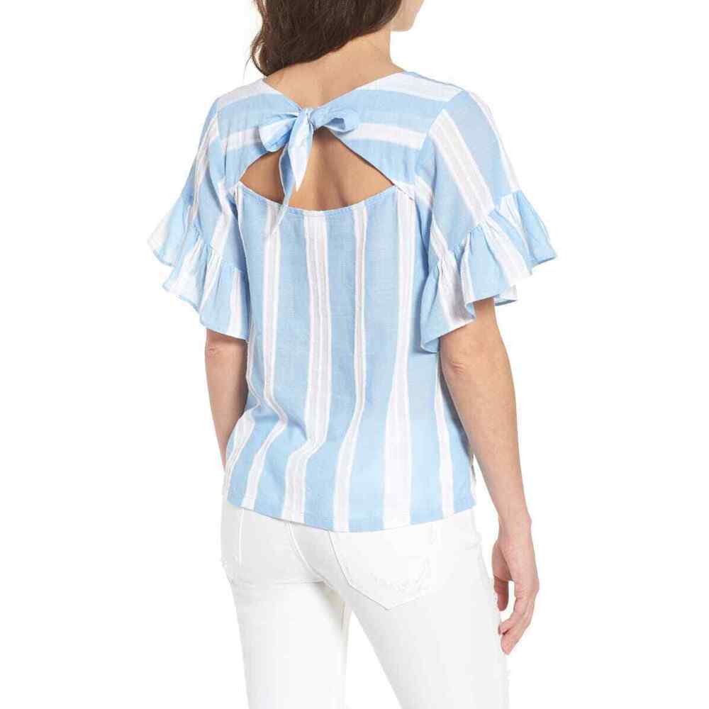 Bp. Ruffle Sleeve Tie Back Top In Blue And White Stripe Size S